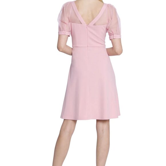 NWT Maggy London Lyra Fit & Flare Illusion Dress with Puff Sleeves Size 0 - Picture 2 of 9